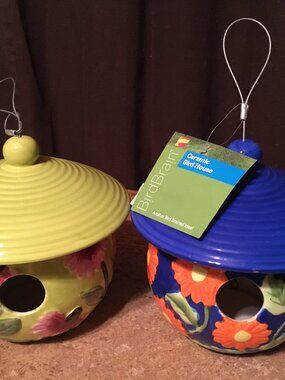 LOT OF TWO CAROUSEL CERAMIC BIRD HOUSE FLOWERS BLUE & GREEN BY BIRD BRAIN